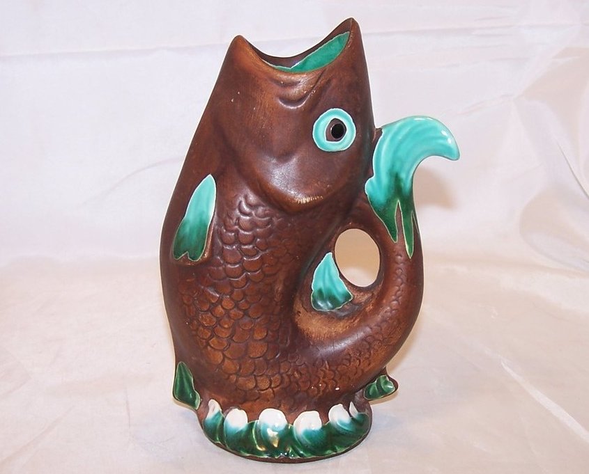 Image 2 of Leaping Fish Vase, Brown w Green and White, Woodland