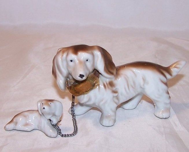 Image 0 of Two Linked Long Haired Dachshund Dogs, Mom or Dad and Pup, Vintage Japan, Japane