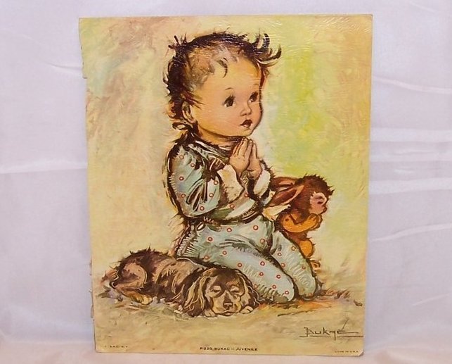 Praying Child and Bunny w Puppy, Bukac Lithograph, DAC, USA