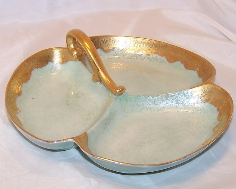 Sectioned Serving Dish, Gold Floral and Pearlized Green, RS Germany
