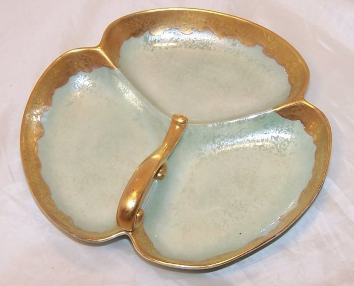 Image 1 of Sectioned Serving Dish, Gold Floral and Pearlized Green, RS Germany