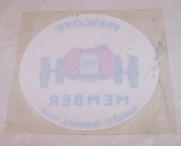 Image 1 of Bugatti Owners Club Window Cling, Prescott Member, 1965