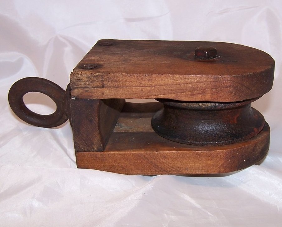 Image 0 of Wood and Iron Pulley Wheel w Hanging Loop, Handmade Vintage