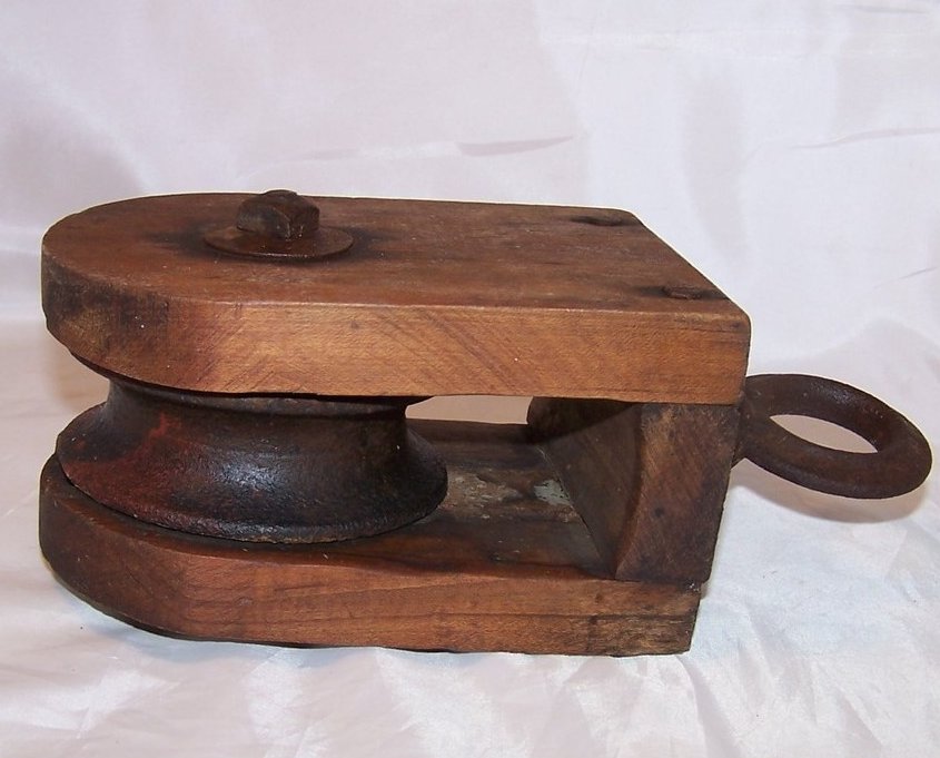 Image 2 of Wood and Iron Pulley Wheel w Hanging Loop, Handmade Vintage