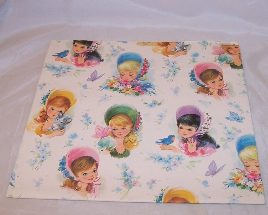 Girls in Bonnets w Birds, Kittens, Butterflies, Vintage Gift Wrapping Paper 