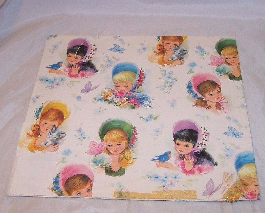 Image 1 of Girls in Bonnets w Birds, Kittens, Butterflies, Vintage Gift Wrapping Paper 