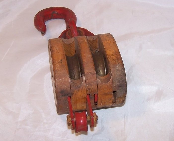 Image 0 of Double Wheel Wood and Iron Pulley w Hook, Handmade Vintage