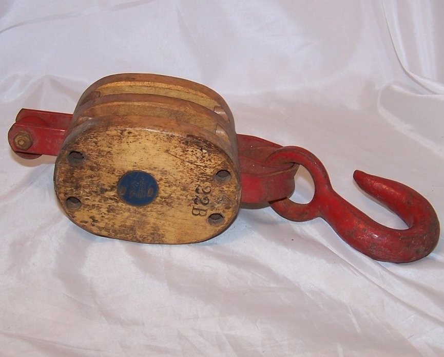 Image 1 of Double Wheel Wood and Iron Pulley w Hook, Handmade Vintage