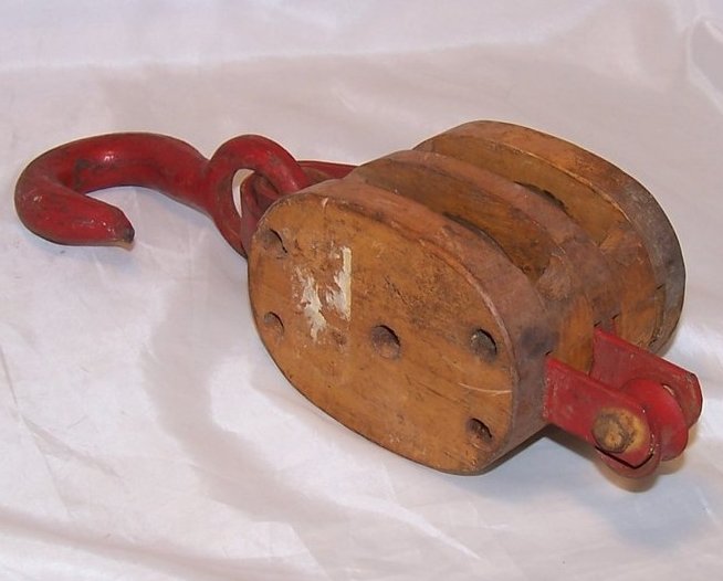 Image 2 of Double Wheel Wood and Iron Pulley w Hook, Handmade Vintage