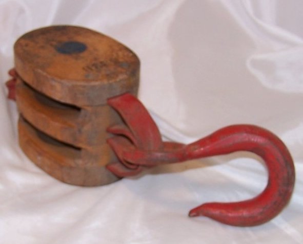 Image 4 of Double Wheel Wood and Iron Pulley w Hook, Handmade Vintage