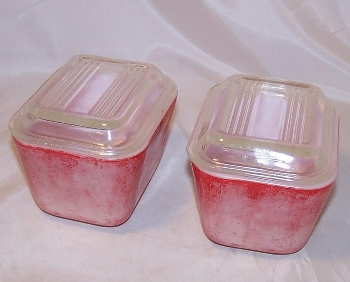 Pair of Pyrex Red Refrigerator Glass Dish, Lid