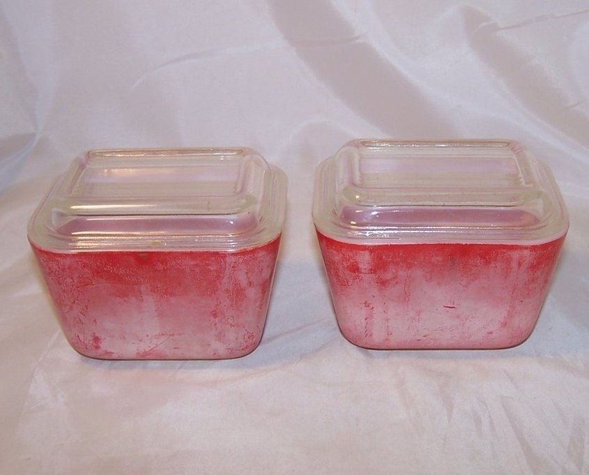 Image 1 of Pair of Pyrex Red Refrigerator Glass Dish, Lid