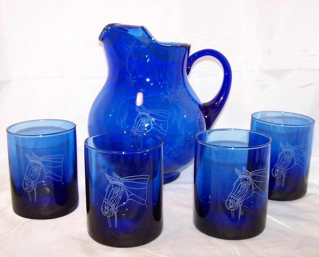 Image 0 of Horse Design Cobalt Blue Pitcher and Glasses Glass