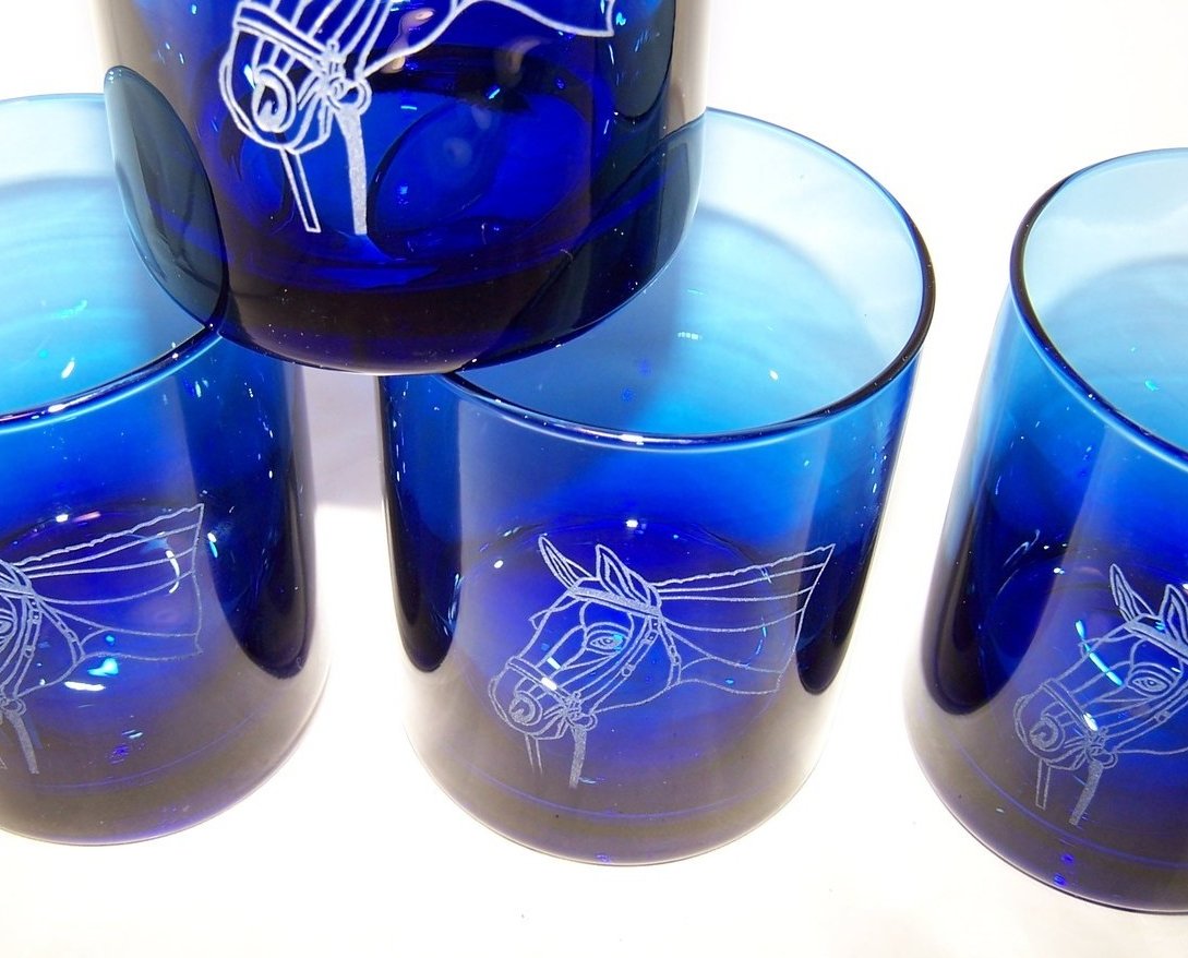 Image 1 of Horse Design Cobalt Blue Pitcher and Glasses Glass