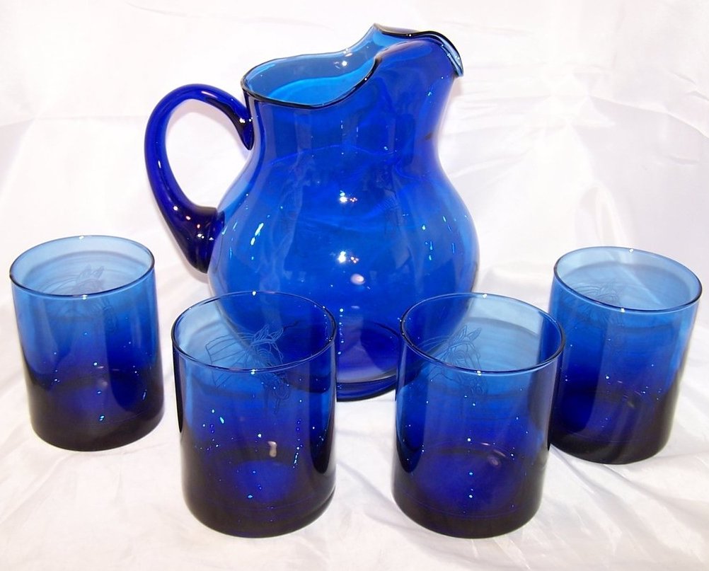 Image 4 of Horse Design Cobalt Blue Pitcher and Glasses Glass