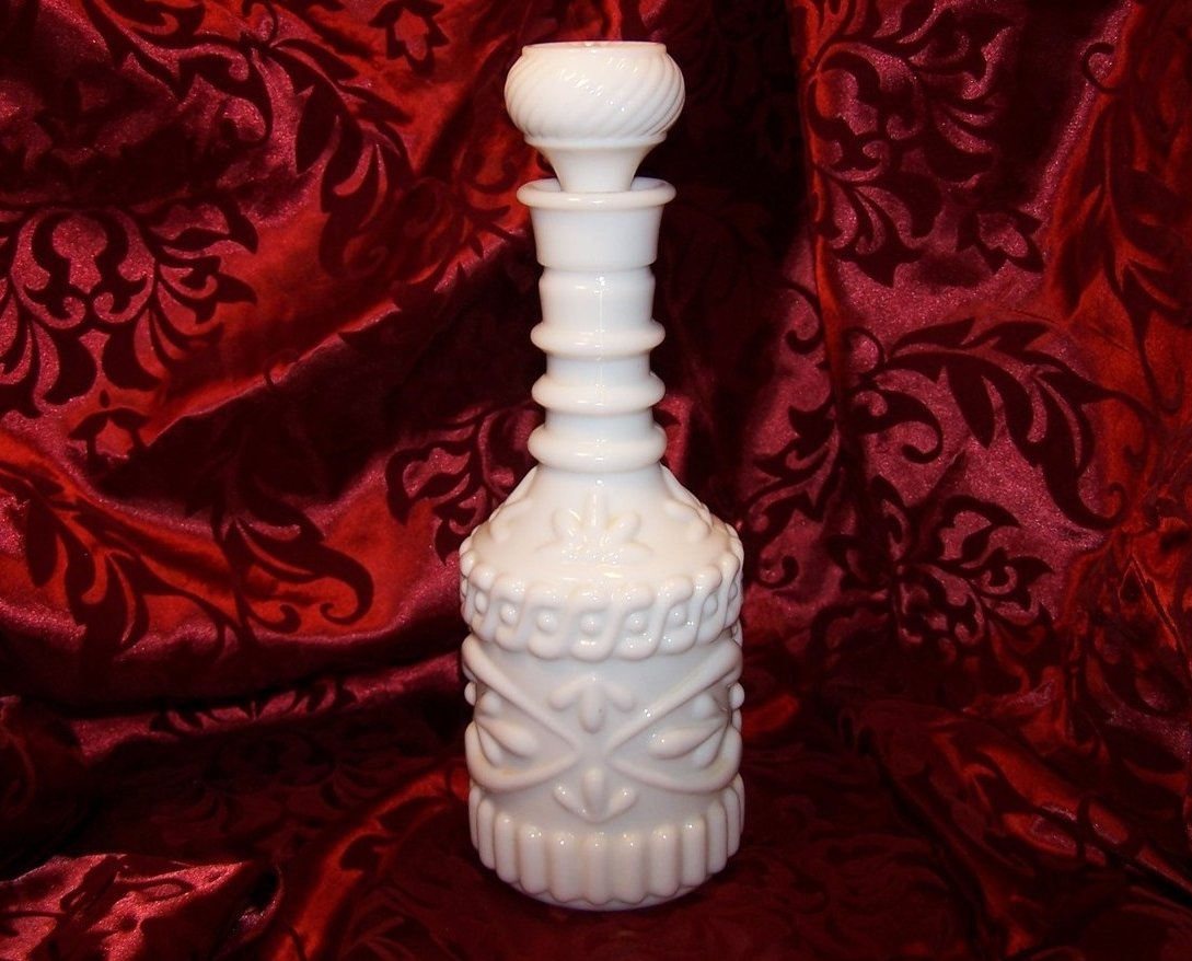 Milk Glass Decanter Bottle w Stopper, 1969 Opaline Crystal Bottle