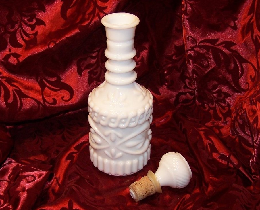 Milk Glass Decanter Bottle w Stopper, 1969 Opaline Crystal Bottle
