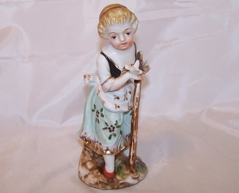 Peasant Girl w Dove, Walking Stick, Porcelain Figurine