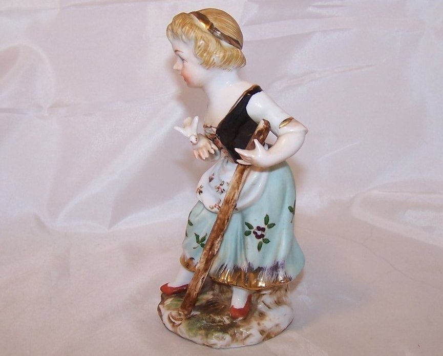 Image 1 of Peasant Girl w Dove, Walking Stick, Porcelain Figurine