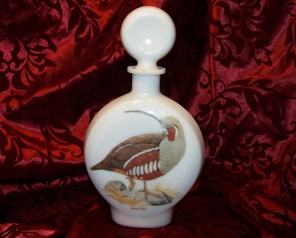 Mountain Quail Field Birds, Singer, Milk Glass Decanter Bottle