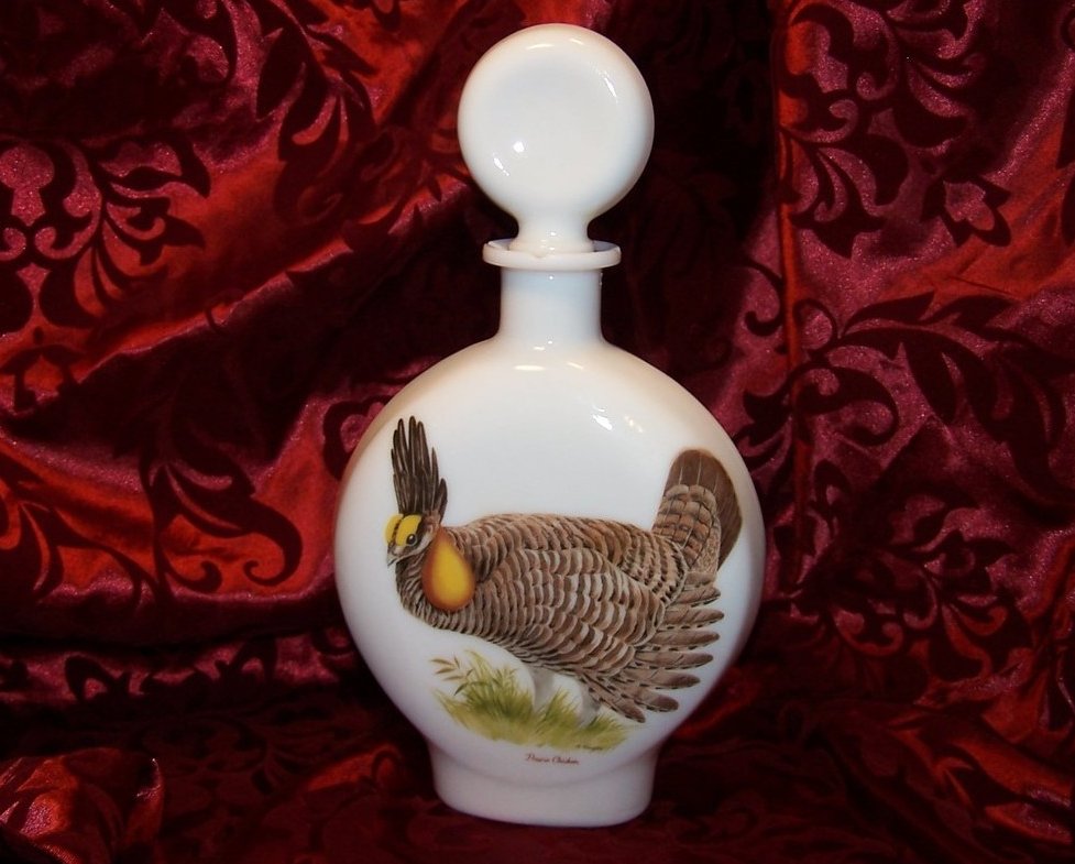 Prairie Chicken Field Birds, Singer, Milk Glass Decanter Bottle