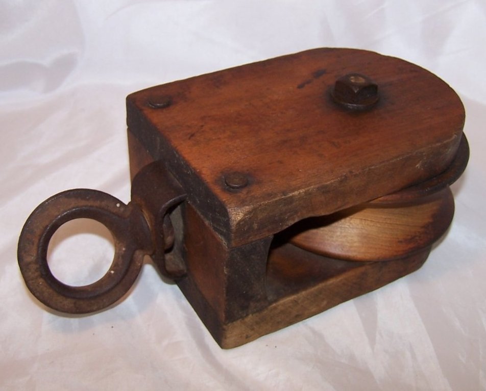 Image 1 of Wood Pulley Wheel w Iron Hanging Loop, Handmade, Vintage