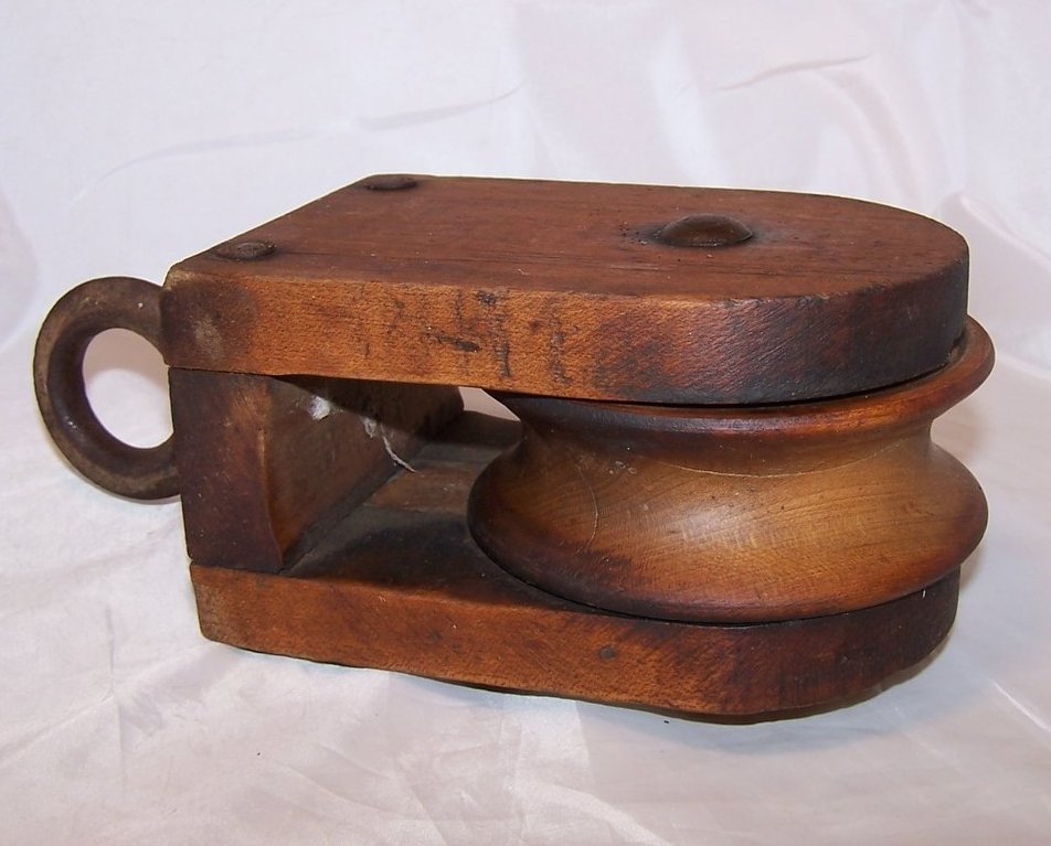 Image 4 of Wood Pulley Wheel w Iron Hanging Loop, Handmade, Vintage