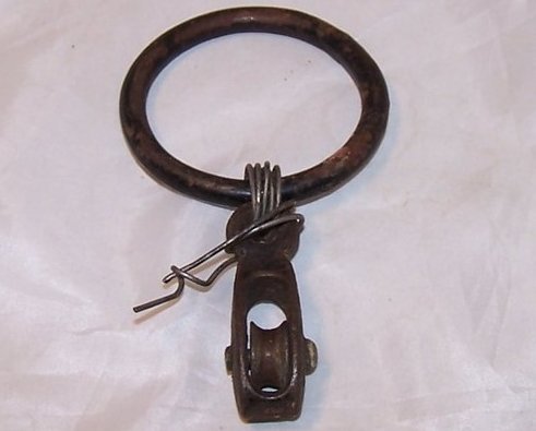 Image 0 of Little Iron Pulley Wired to Iron Ring, Vintage, Handmade