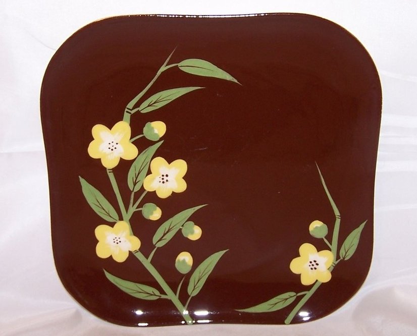 Image 0 of Yellow Blossoms on Brown Square Dinner Plate, Weil Ware, Hand Decorated