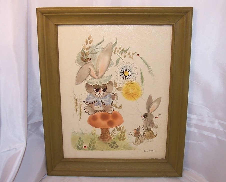 Image 0 of 1963 George Buckett Litho Bunny, Rabbit, Mouse, Ladybug Lithograph, Framed