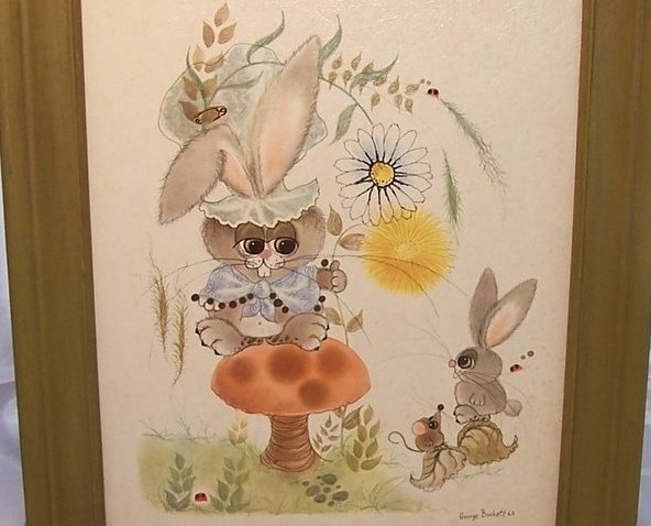 Image 1 of 1963 George Buckett Litho Bunny, Rabbit, Mouse, Ladybug Lithograph, Framed