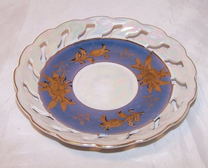 Gold Flowers on Blue, Lusterware, Opalescent Plate