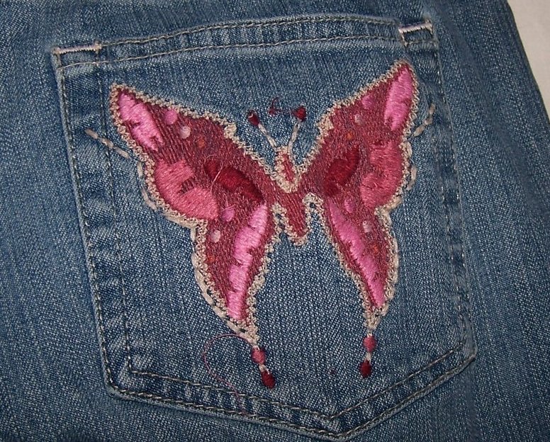 Juniors SZ 9 Distressed Butterfly Pocket Jeans, So Stretch 