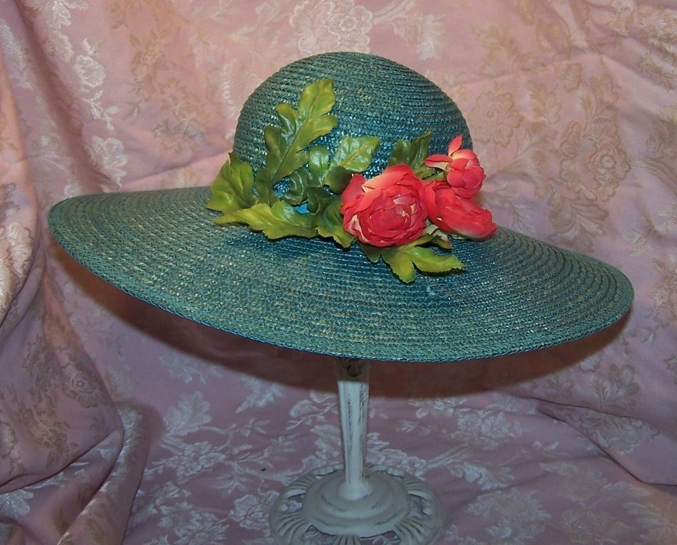 New Wide Brim Aqua Straw Hat with Roses, Great Colors