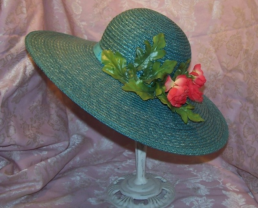 Image 1 of New Wide Brim Aqua Straw Hat with Roses, Great Colors