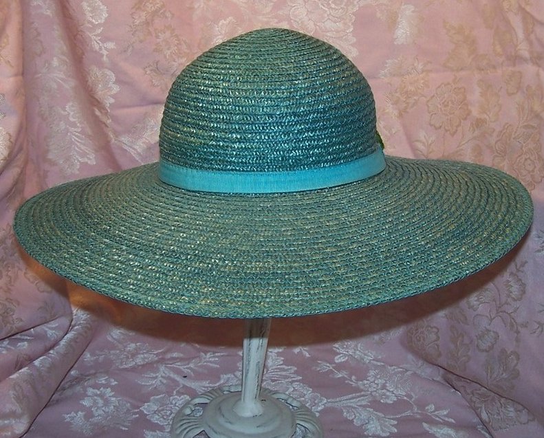 Image 2 of New Wide Brim Aqua Straw Hat with Roses, Great Colors