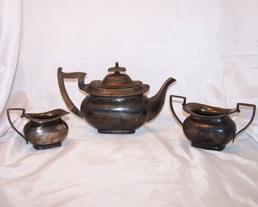 Walker and Hall Silver Tea Set, Teapot, Sugar, Creamer, Sheffield