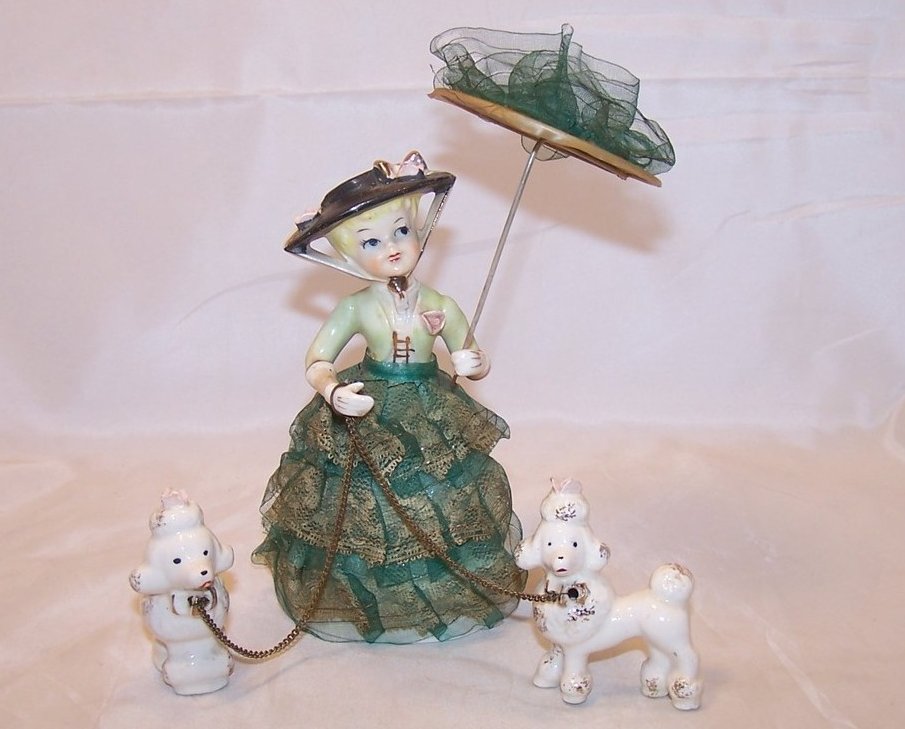 Image 0 of Lovely Lady in Green w Umbrella Walking Two Poodles on Leashes, Japan Japanese