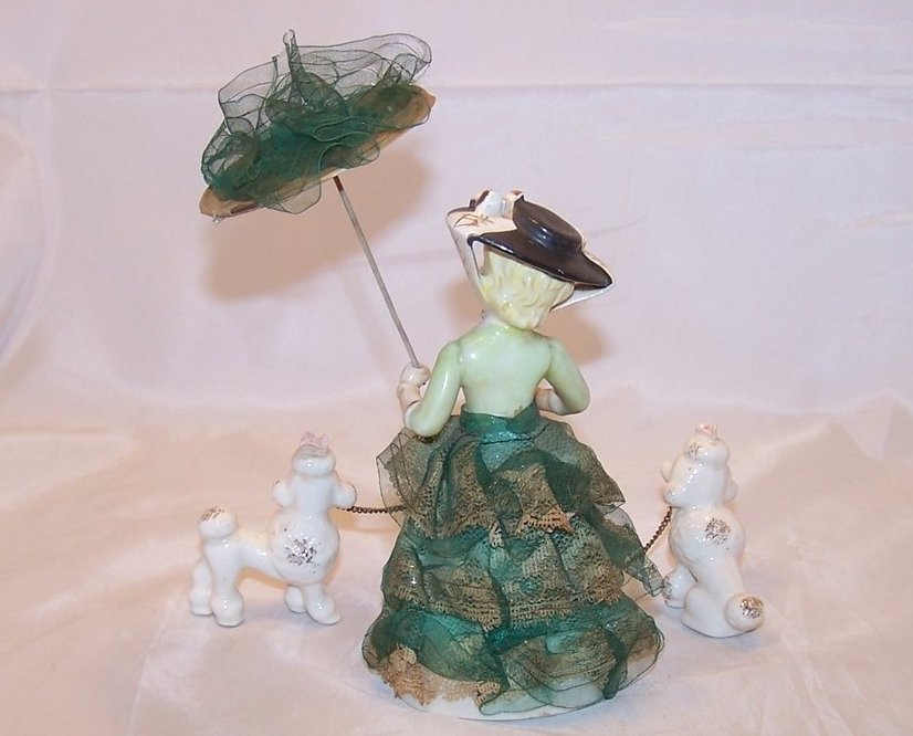 Image 2 of Lovely Lady in Green w Umbrella Walking Two Poodles on Leashes, Japan Japanese