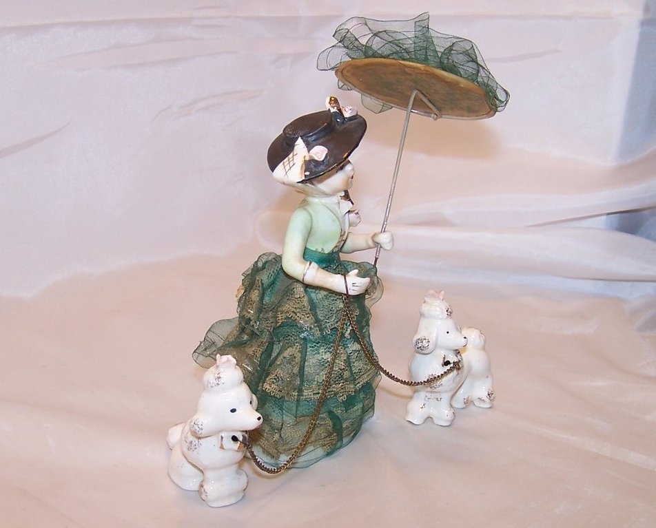 Image 3 of Lovely Lady in Green w Umbrella Walking Two Poodles on Leashes, Japan Japanese