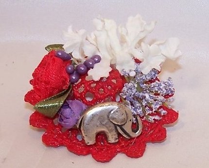 New Woven Red Hat Pin w Elephant, Flowers