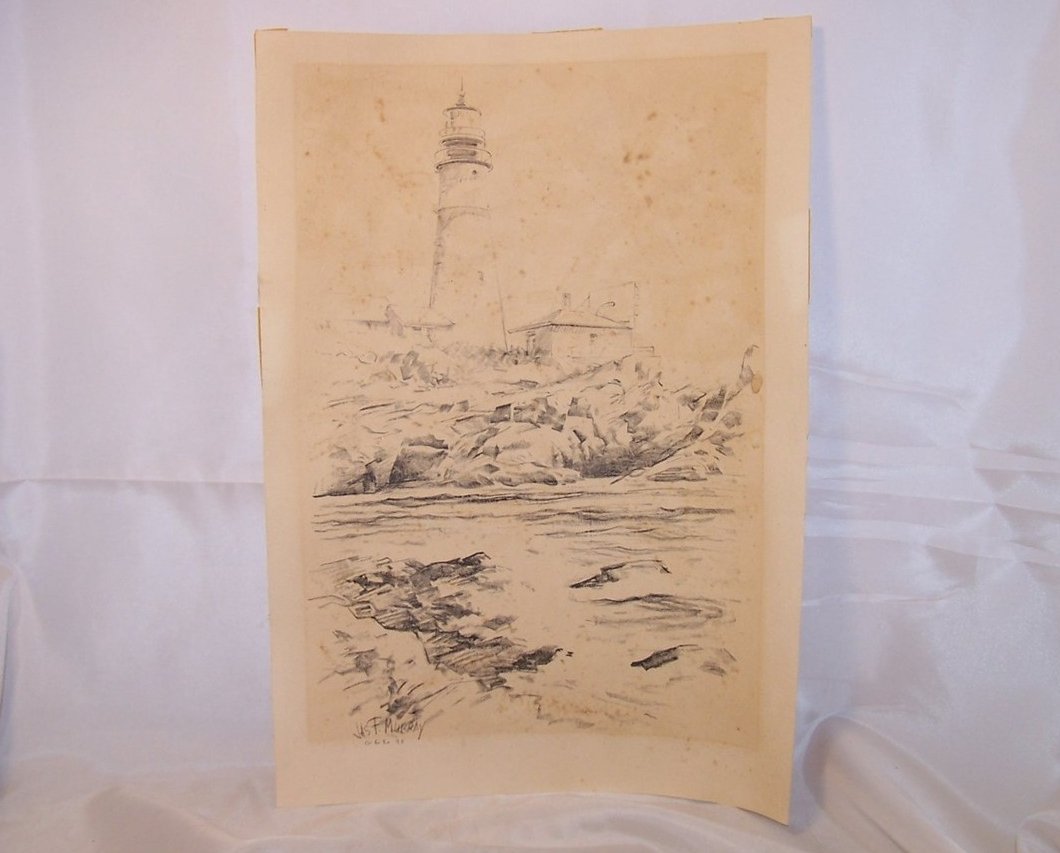 Image 1 of Lighthouse w Keepers House, by Jas F Murray, 1948, Lith O Sketch, USA