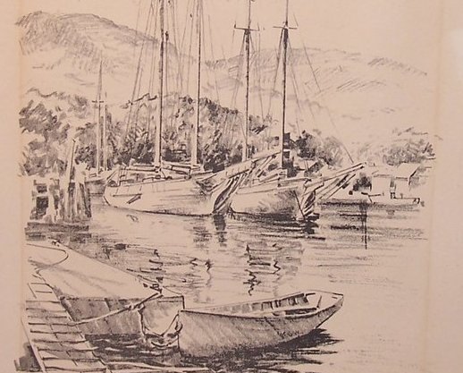 Sailboats Boats Boat at Dock, by Jas F Murray, 1951, Lith O Sketch, USA