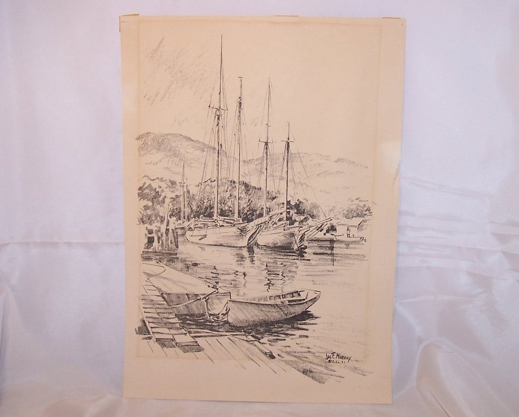 Image 1 of Sailboats Boats Boat at Dock, by Jas F Murray, 1951, Lith O Sketch, USA