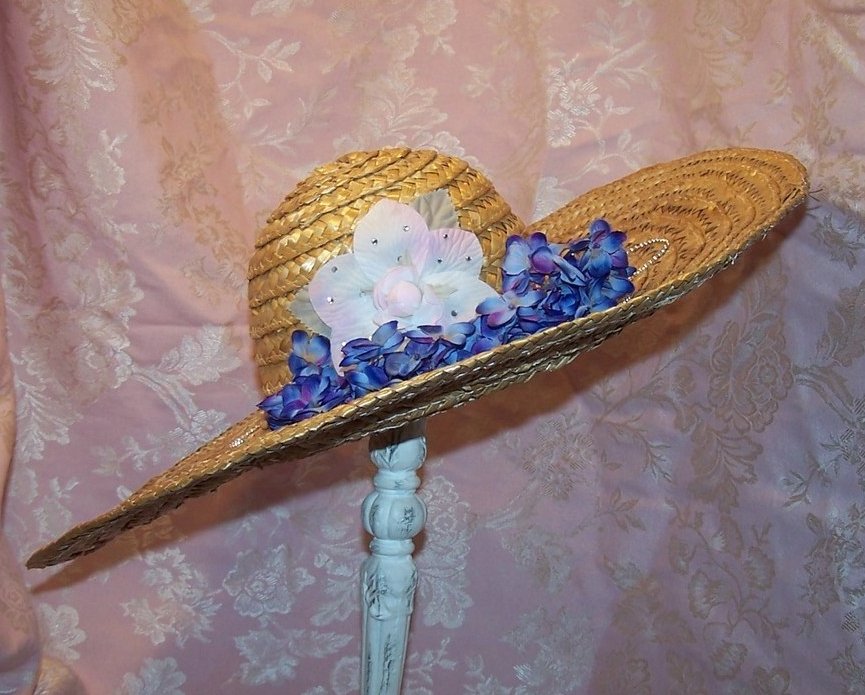 New Straw Hat w Flowers, Rhinestones, Beads