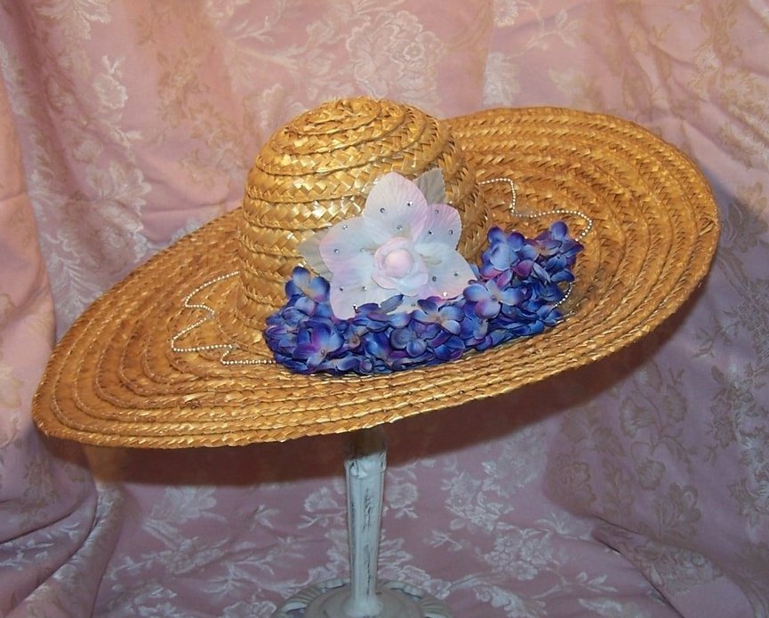 Image 1 of New Straw Hat w Flowers, Rhinestones, Beads