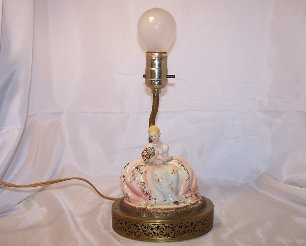 Image 4 of Porcelain Lady on Brass Base Lamp, Vintage, Very Detailed