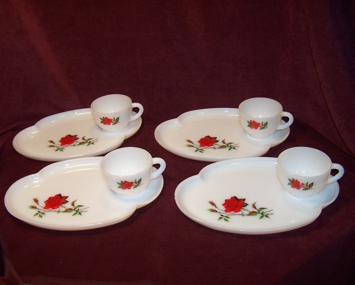 Image 0 of Snack Plate Federal Glass Rosecrest Milk Glass, Teacup Set, Orig Box