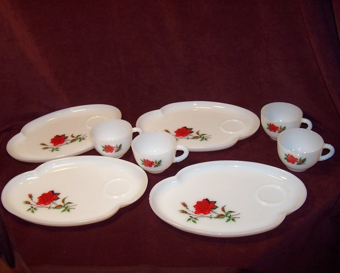 Image 2 of Snack Plate Federal Glass Rosecrest Milk Glass, Teacup Set, Orig Box