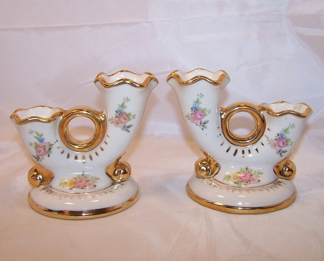 Abingdon Double Holder Gilded Candlesticks, Porcelain, U.S.A.